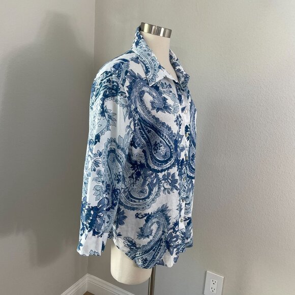 Chicos Womens 16 Blue No Iron Paisley Linen Shirt Long Sleeve Button Up Blouse - Picture 2 of 12